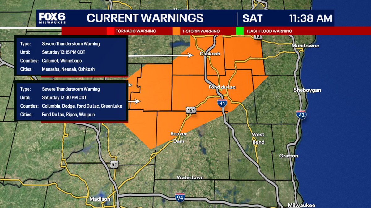 A Severe Thunderstorm Warning has been issued for parts of SE WI until 8/16 12:30PM. Make sure your cell phone emergency alerts are set to "ON." Tune into FOX6, Download the FOX6 Storm Center App &amp; FOX Local App for the latest information.