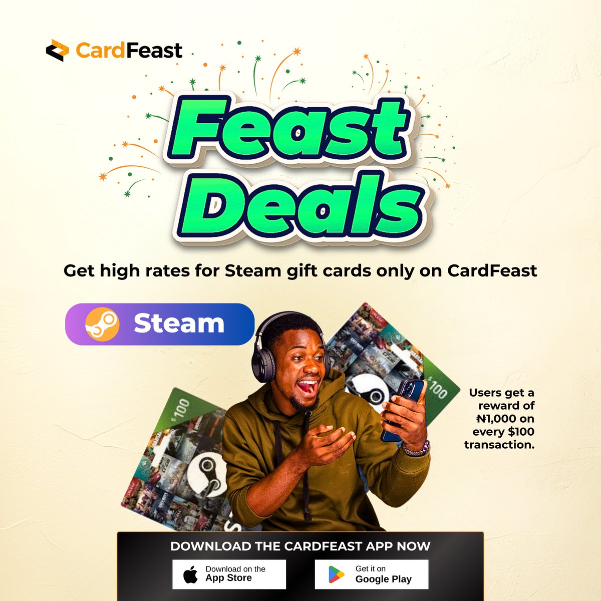 cardfeast's tweet photo. Weβre in the second week of Feast Deals π
From Aug 16β17, trade your Steam gift cards on CardFeast at the highest rates π₯
π° Get β¦1,000 reward for every $100 transaction
β‘ Enjoy super fast withdrawals!
Download the app & donβt miss out β¬οΈ
#CardFeast #FeastDeals #Giftcard https://t.co/lbROtbJwJm