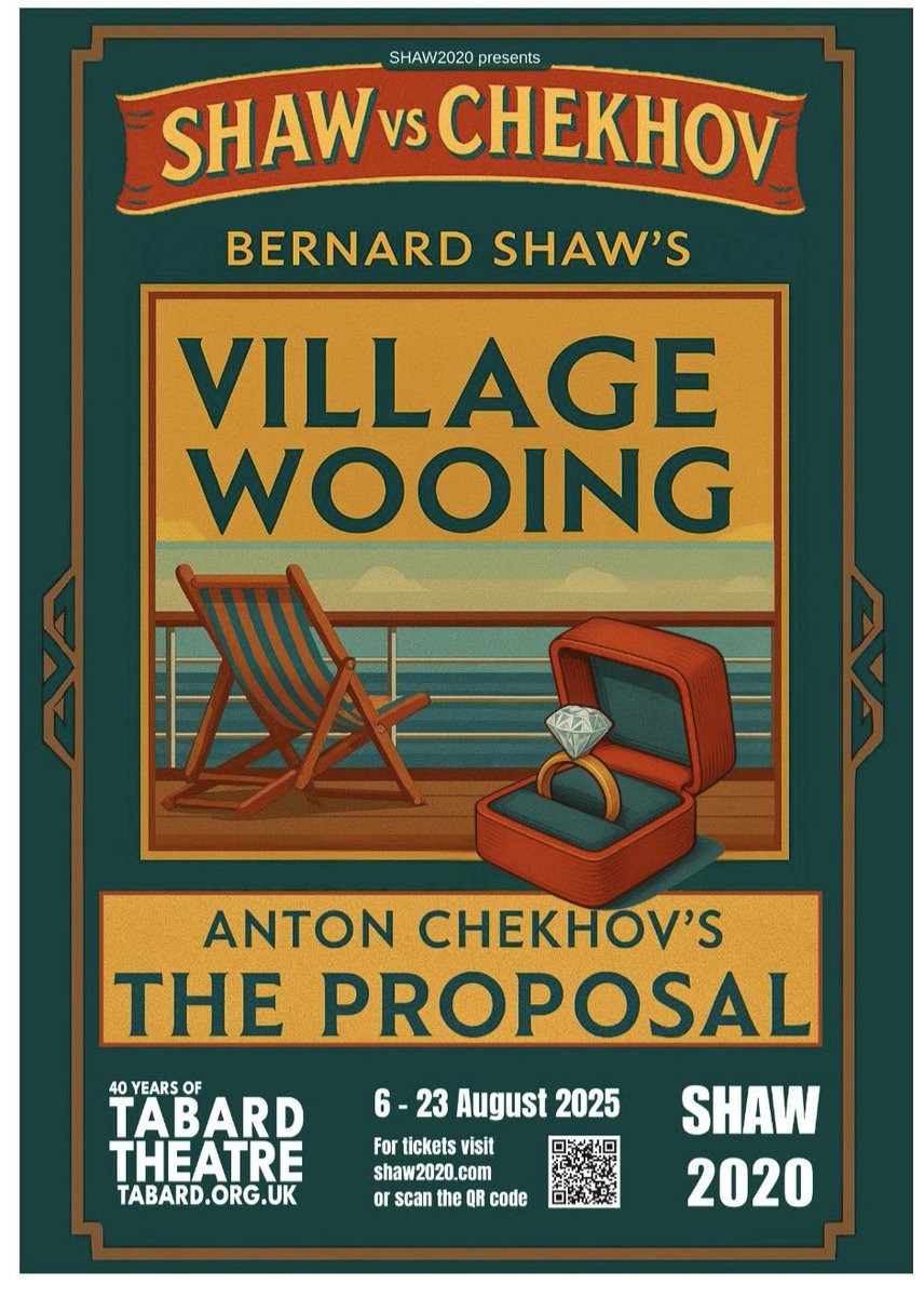 ShawSoc's tweet photo. It’s the last night of @MrsWarrenPlay at the Garrick but @SHAW_2020 continue their double bill of romantic comedy ‘Shaw vs Chekhov’ at @TheatreAtTabard (next to Turnham on Green District line) tonight 16Aug &amp; 20 -23 Aug 
#BernardShaw #londontheatre https://t.co/o7UXxO7gYC