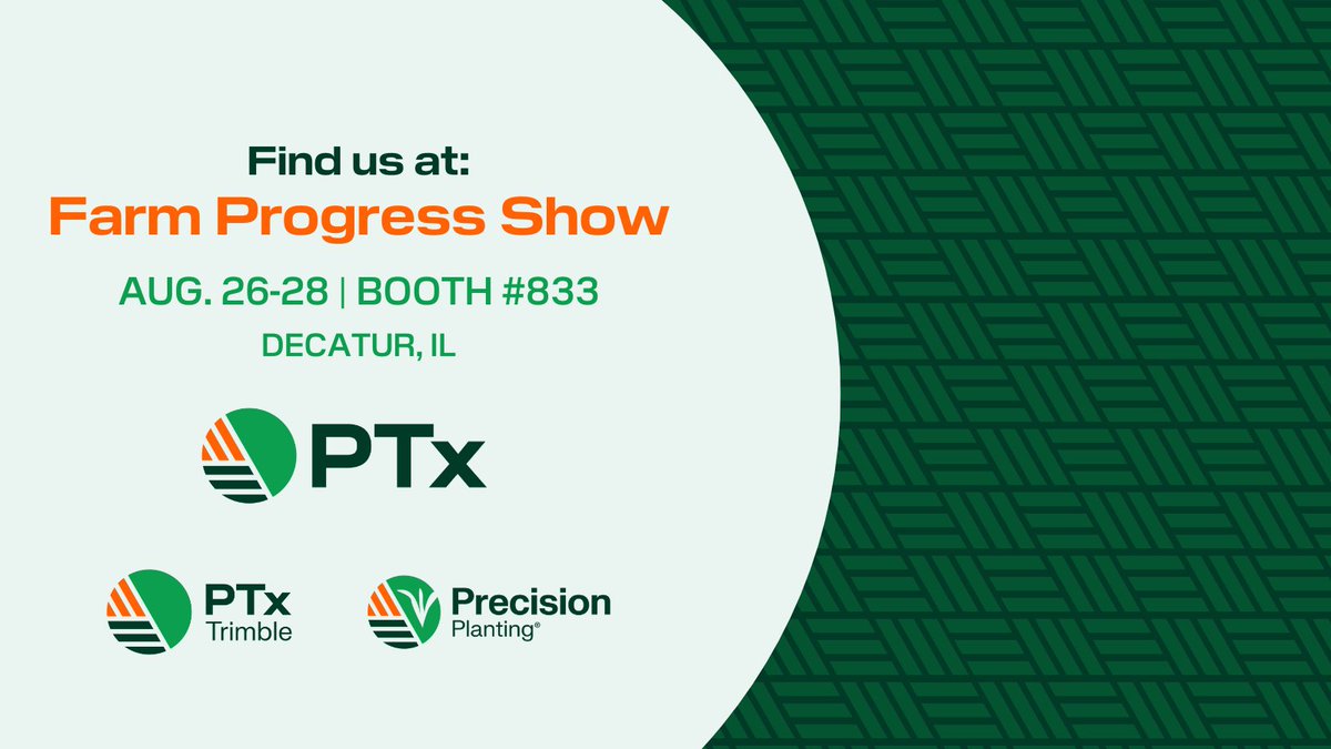 Find us at the Farm Progress Show Aug 26–28 in Decatur, IL!

Join us for daily sessions at the PTx booth #833 covering the latest agronomy findings from the PTI Farm​+ how to put machine data to work across your fleet​ and more.

Plus see OutRun in action in the Field Demos area!