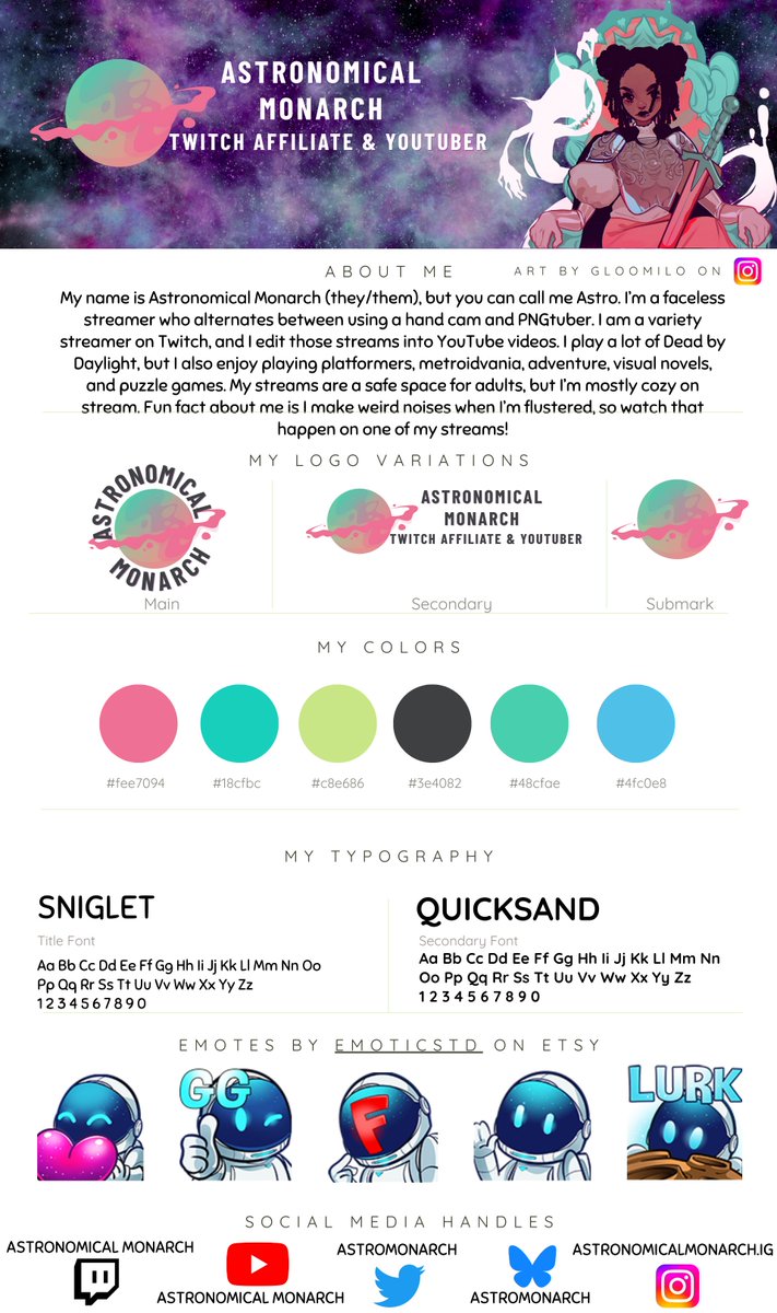 Week 2 of the #GLOWCreatorBootcamp is School Uniform 👕

Take a look at my ✨personal✨ branding kit which includes my color scheme, logo variations, emotes, fonts, and about me section 💃