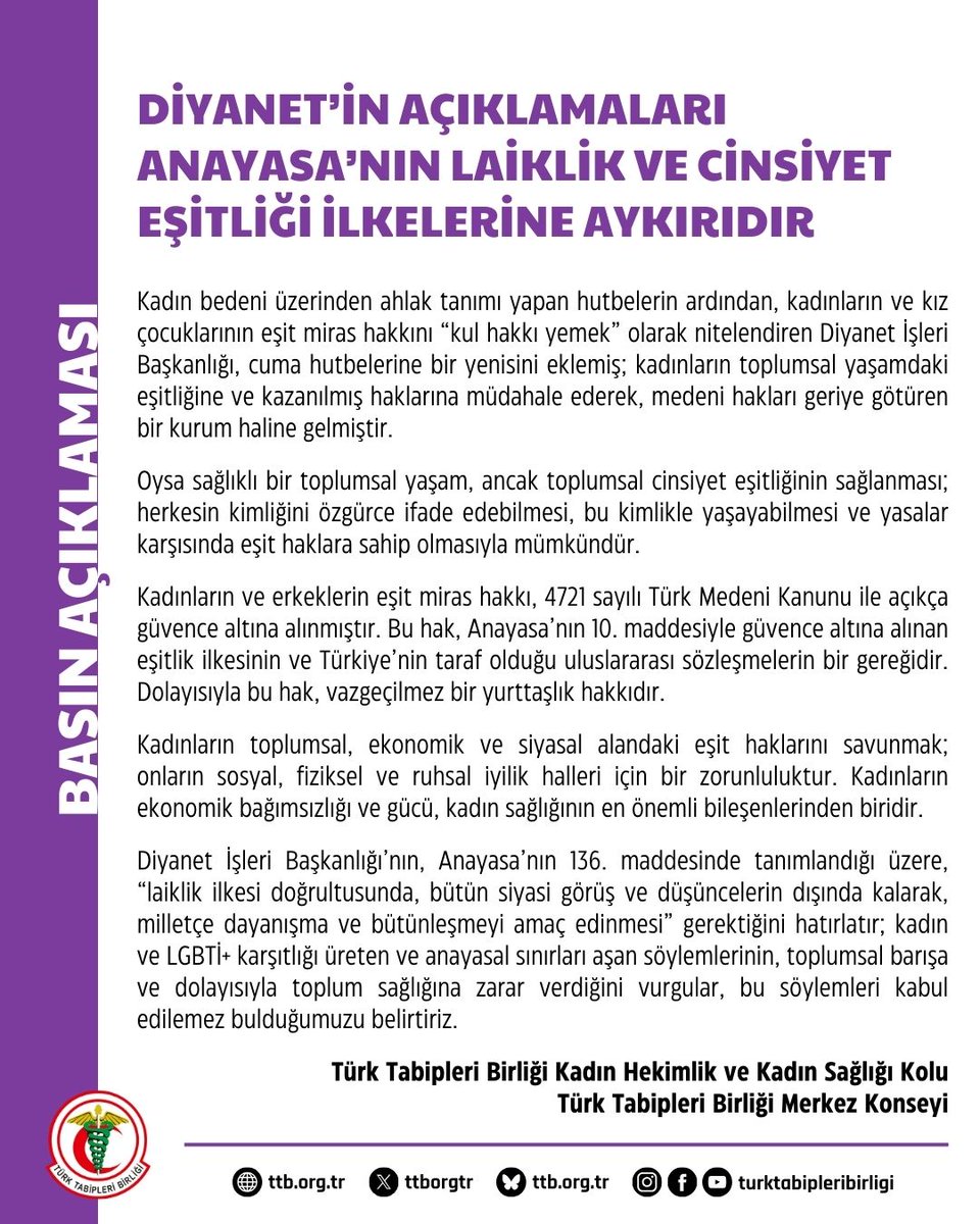 Diyanet’in Açıklamaları Anayasa’nın Laiklik ve Cinsiyet Eşitliği İlkelerine Aykırıdır

Kadın bedeni üzerinden ahlak tanımı yapan hutbelerin ardından, kadınların ve kız çocuklarının eşit miras hakkını “kul hakkı yemek” olarak nitelendiren Diyanet İşleri Başkanlığı, cuma