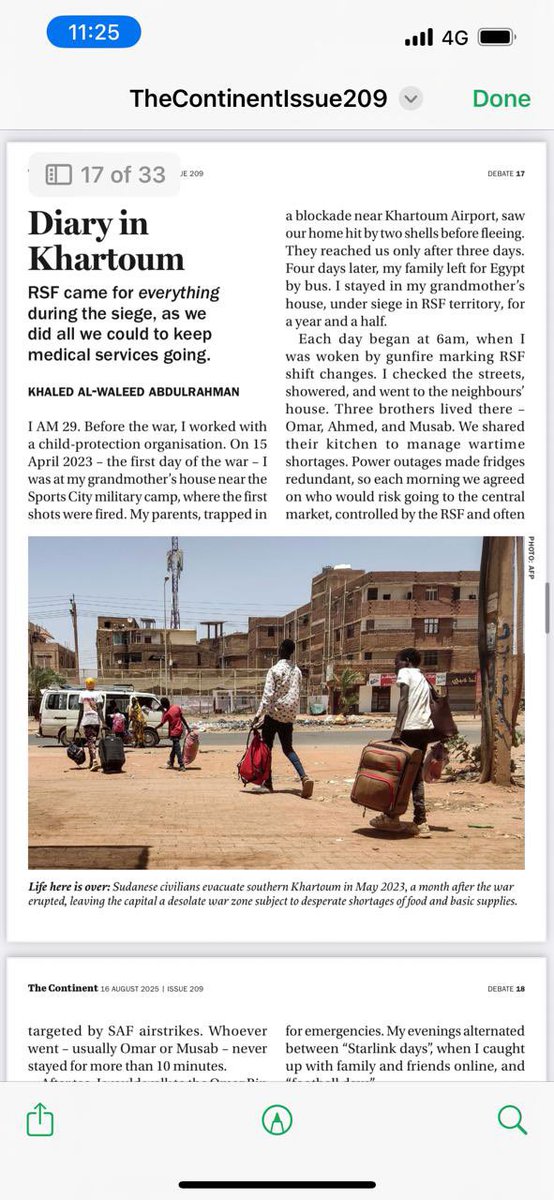 khalidmuka's tweet photo. My story under RSF siege in Khartoum is now published in @thecontinent_  🥳🔥

“Gunfire at dawn. Shortages. Survival. Humanity in the middle of war.”

Read here full version page 17-18: [https://t.co/4tUulLsylz]

#Sudan #Khartoum #TheContinent #KeepEyesOnSudan https://t.co/18GxuXyK0e