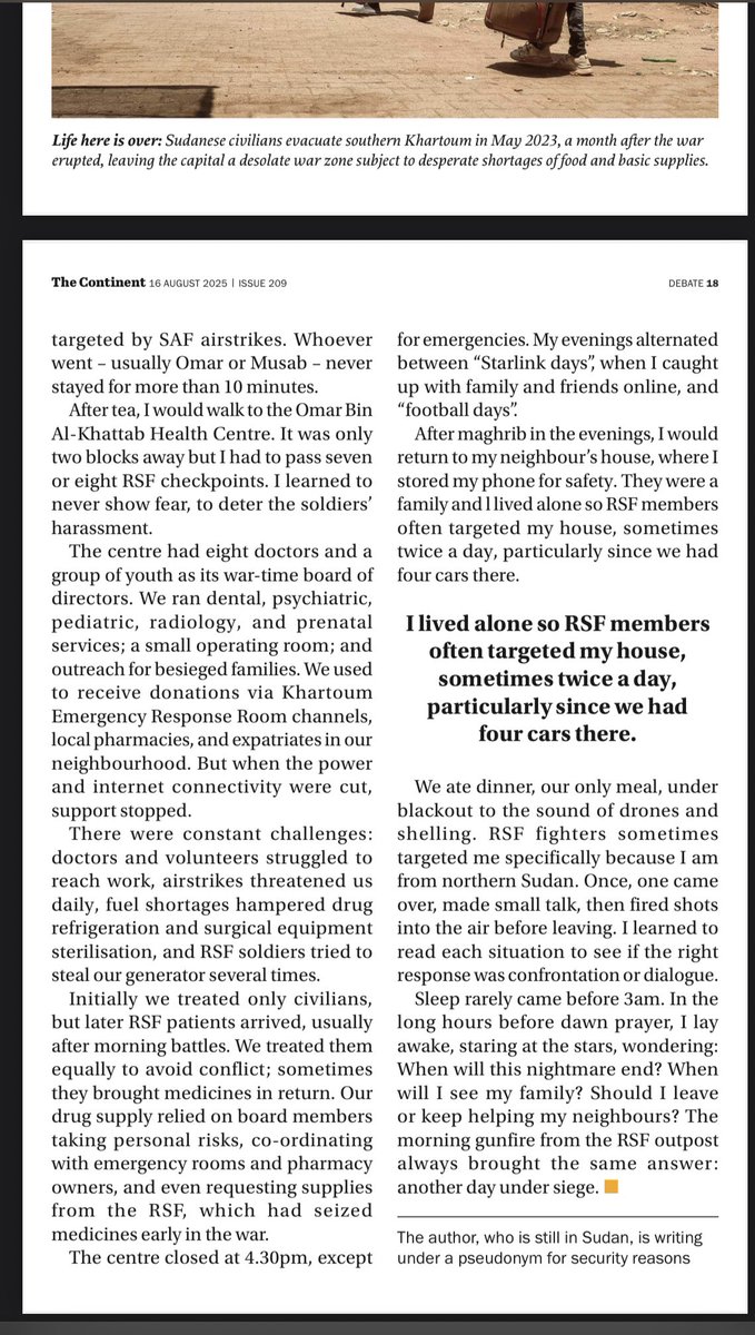 My story under RSF siege in Khartoum is now published in <a href="/thecontinent_/">The Continent</a>  🥳🔥

“Gunfire at dawn. Shortages. Survival. Humanity in the middle of war.”

Read here full version page 17-18: [thecontinent.org/_files/ugd/287…]

#Sudan #Khartoum #TheContinent #KeepEyesOnSudan