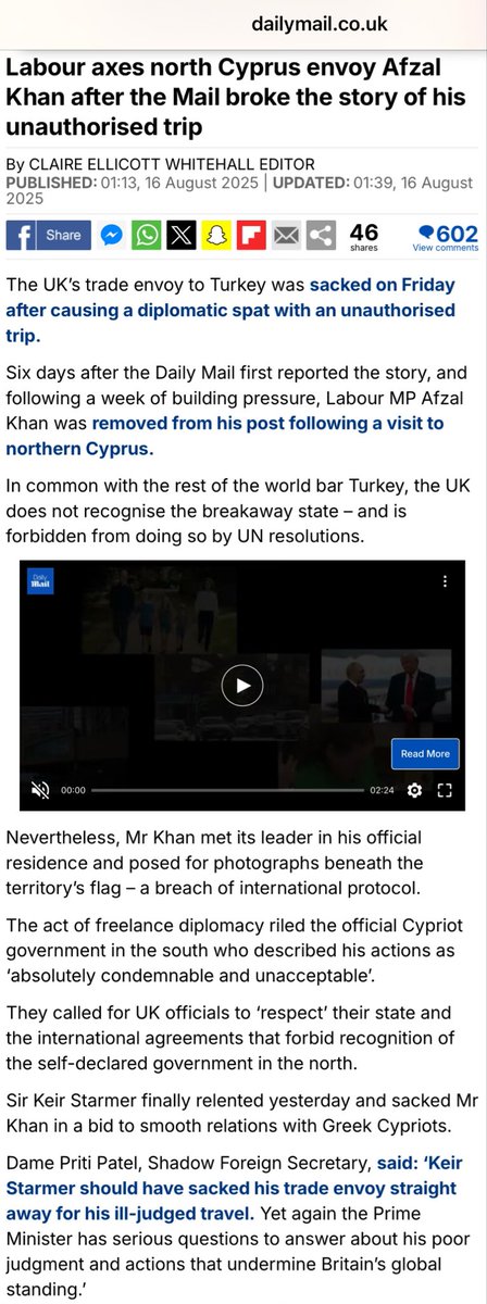 BREAKING - Labour Trade Enjoy Afzal Khan sacked after chartering a private jet to fly to Northern Cyprus, in breach of international law. Khan compounded the illegality by receiving an honour from the Islamic Government of occupation (via <a href="/DailyMail/">Daily Mail</a> <a href="/ClaireEllicott1/">Claire Ellicott</a>)