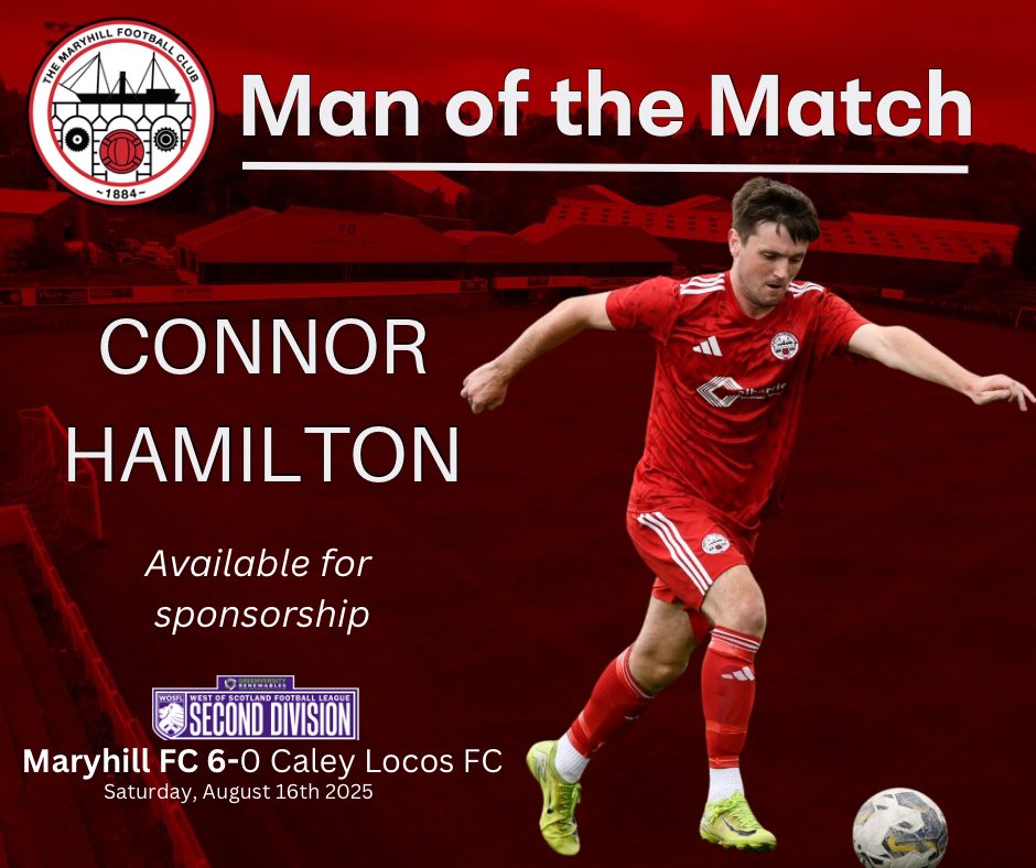 Today’s Man of the Match was selected by Match Sponsor R&amp;R Uplifts.

A phenomenal hat trick saw Maryhill’s no.9 take the award.

Well played, Connor👏 

🔴⚫️🔴⚫️

#Since1884