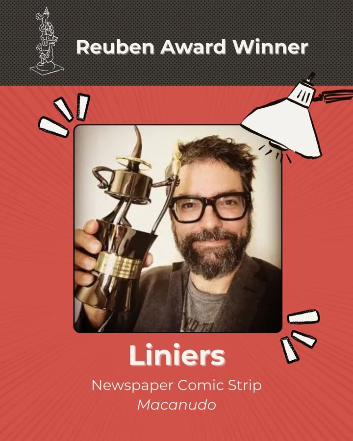 ComicsKingdom's tweet photo. Congratulations to @porliniers of Macanudo for winning the Best Newspaper Comic Strip award at the Reubens!! โญ๏ธ #Macanudo #ReubenAwards https://t.co/UC7yPLTCW1