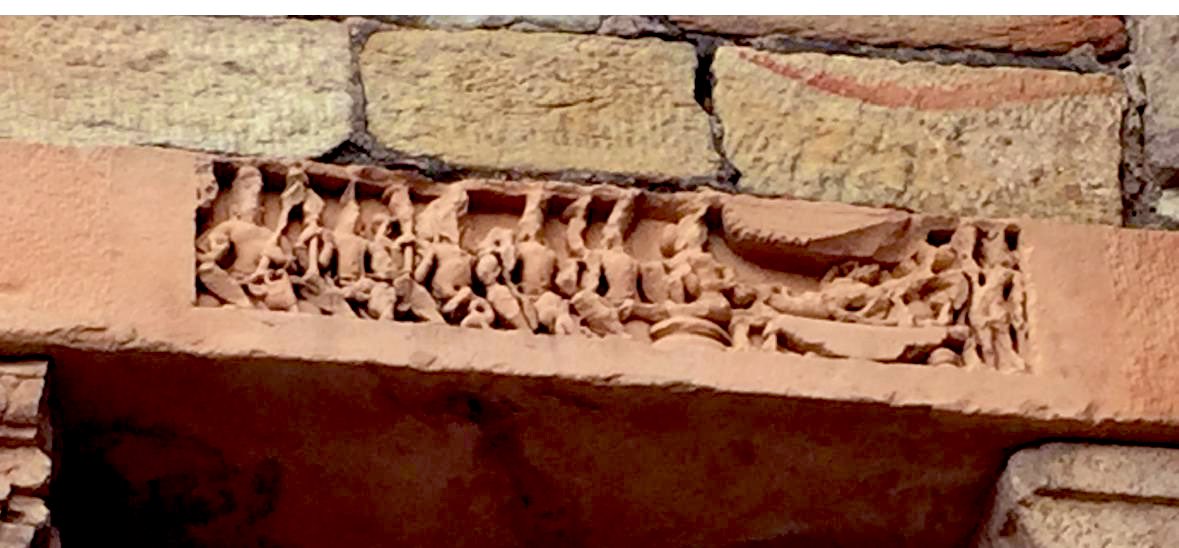 A beautiful sculpture of Shri Krishna’s birth in Qutub Minar campus, now called Quwwat-ul-Islam mosque. It depicts Krishna’s birth to Devaki in Kansa’s captivity, Vasudev  taking new born Krishna - crossing Yamuna, Kadamb trees, Vasudev reaching Nand’s house,hands over Krishna to