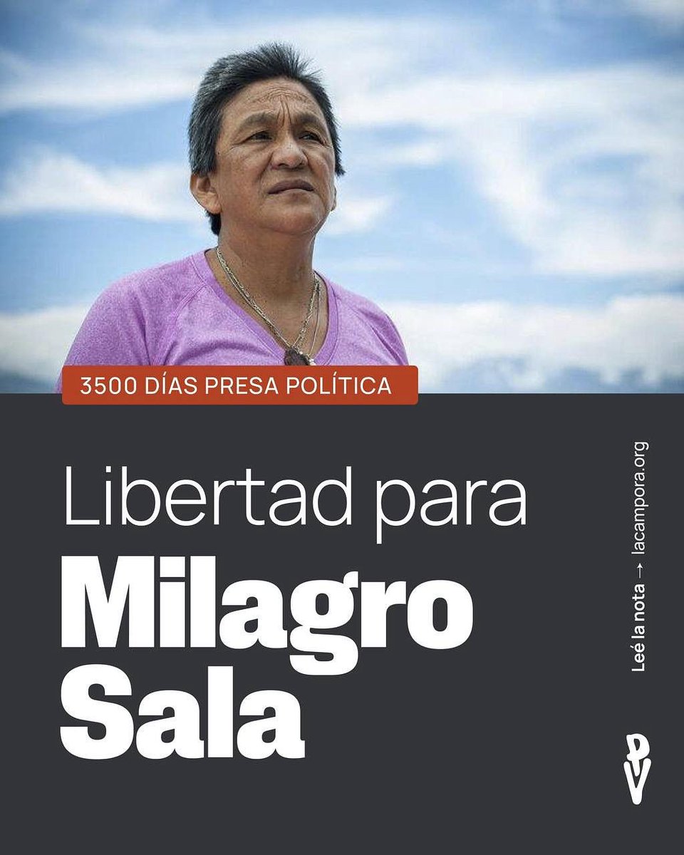 Hoy se cumplen 3500 días de la injusta detención política de Milagro Sala por orden de Gerardo Morales.

Milagro: el orgullo de la Argentina que no se rinde ni claudica.