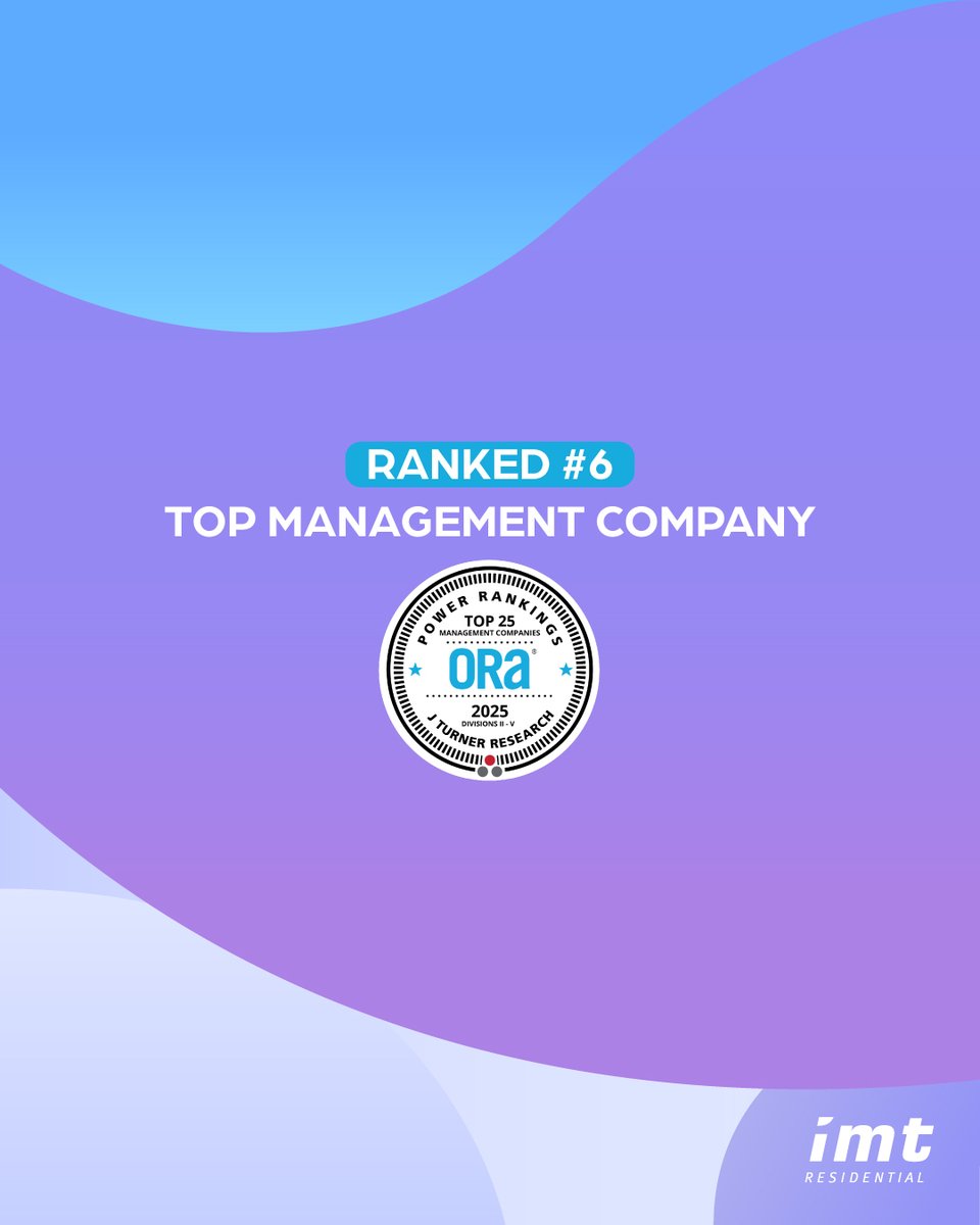 Proud moment! 🏆 IMT Residential is ranked #6 in the nation in J Turner Research’s 2025 ORA® Power Rankings for Division III companies—our fifth time earning a spot.

👏 This recognition is thanks to the care, consistency, and customer-first mindset in every community.