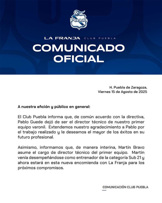 Guede fuera de la Franja 🎽

Puebla informó que Pablo Guede deja la dirección técnica del equipo. El cargo lo ocupará Martín Bravo.