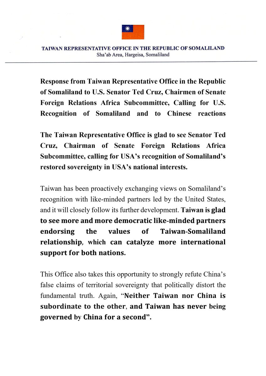 Response from Taiwan Representative Office in the Republic of Somaliland to U.S. Senator Ted Cruz, Chairmen of Senate Foreign Relations Africa Subcommittee, Calling for U.S. Recognition of Somaliland and to Chinese reactions