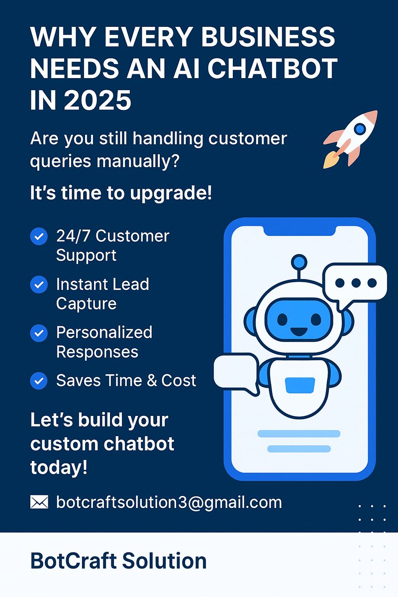 BotCraftSLN's tweet photo. 🚀 Why Every Business Needs an AI Chatbot in 2025 🤖

Are you still handling customer queries manually?
It’s time to upgrade!

✨ Let’s build your custom chatbot today!
📩 botcraftsolution3@gmail.com

#AIChatbot #BusinessGrowth #Automation #DigitalSolutions #BotCraftSolution https://t.co/cnYOYCwNf6