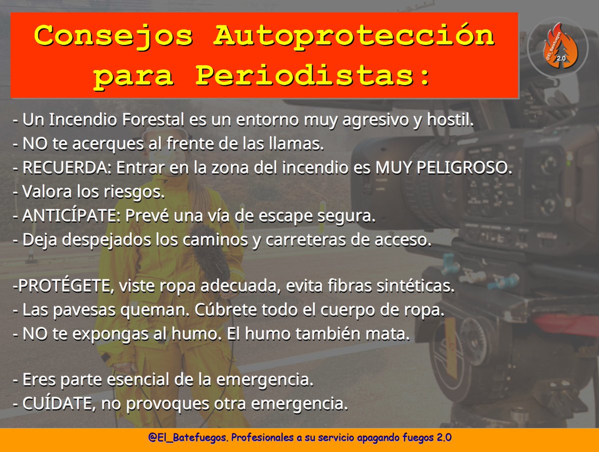 El_Batefuegos's tweet photo. ⚠️CONSEJOS Cobertura Incendios Forestales 🔥🔥 #MediosComunicación
#Periodistas 📸🗞🎤📻🎥📺#PRL
Eres tan importante en la emergencia como el resto. 🚓🚑🚒
Visita nuestro Glosario de Prensa sobre #IIFF
https://t.co/tL2wJOLfdi
📹 @informativost5
📸 @taxilari
📸 @PedroArmestre https://t.co/b2bo3usbmX