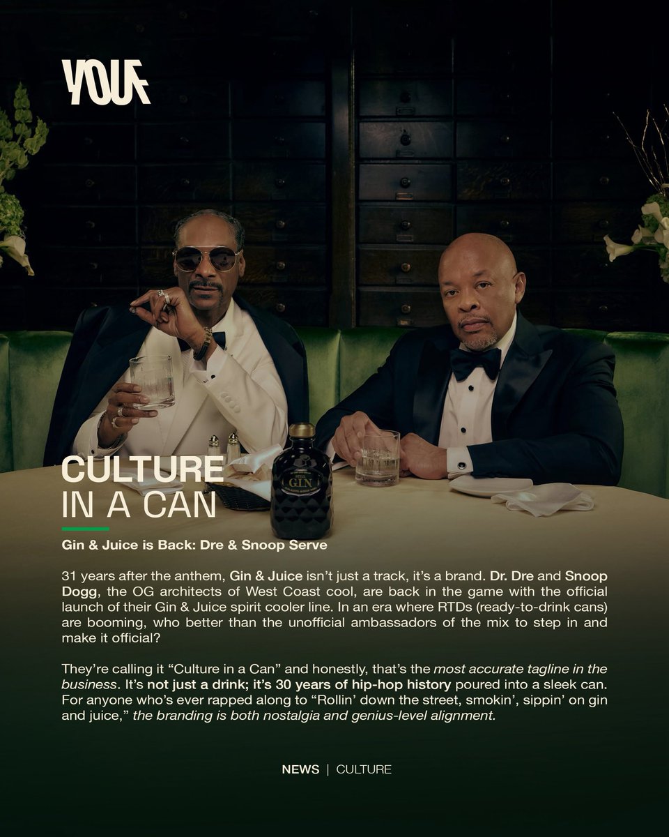 youf_co_za's tweet photo. Dre & Snoop turned 30 years of hip-hop into “Culture in a Can.” 🥤 From Gin & Juice the song to Gin & Juice the brand! is this the next Casamigos-level play? 🍋 #YOUF @DreAndSnoop https://t.co/gYeJXUXOd1