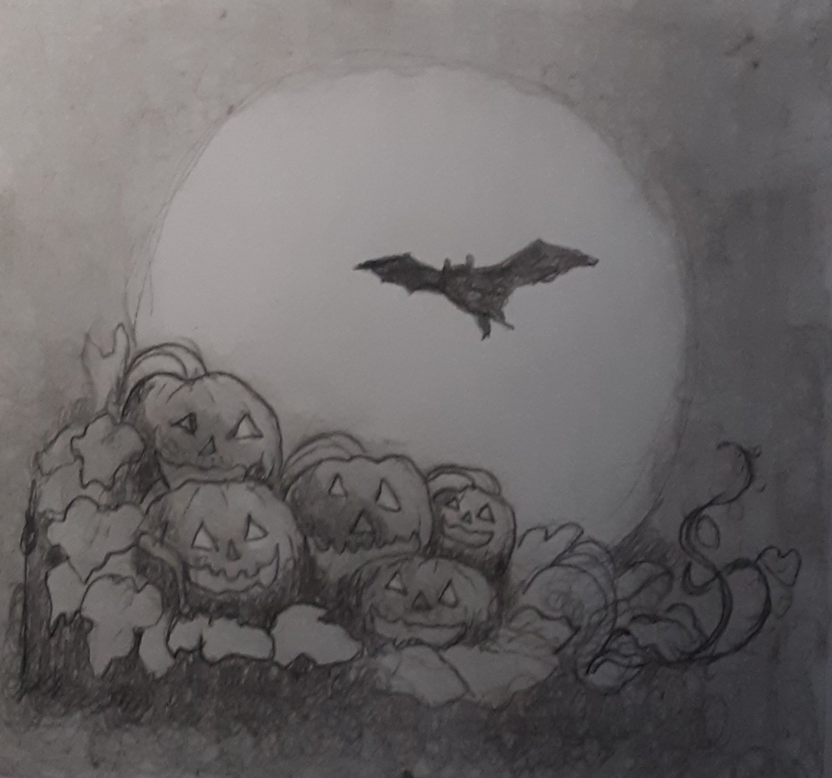 The next stage for my current #wip 

It's a larger sketch of the thumbnail, to help me figure out how the pumpkin vines and leaves form up and work with the composition. 

This is to be a #Halloween t-shirt for <a href="/cruthannaart/">Cruthanna Imprints</a> 

 76 days until Halloween!