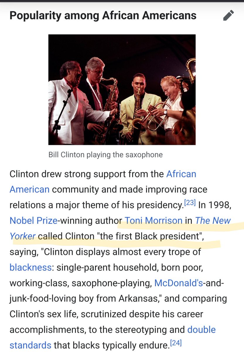 Lmao, I remember being younger and hearing that Bill Clinton was the first Black president.

I had no idea that it was Toni Morrison who said it