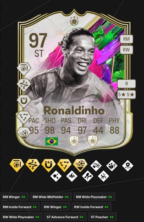 رونالدينهو متوفر بالتحديات الان ويطلب ⬇️ 

- 5 تشكيلات 94
- 7 تشكيلات 93
- 10 تشكيلات 92
- 3 تشكيلات 91
- 3 تشكيلات 90