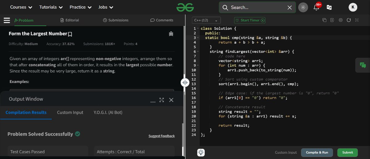 khushik6868's tweet image. #Day45
✅Form the Largest Number— arrange numbers so string comparison builds the max.
✅Maximum 69 Number—flip the first 6, greedy &amp;amp; done.
✅Count Unique Characters of All Substrings—used contribution trick: each char’s impact=left× right,like doing cross product
#buildinpublic