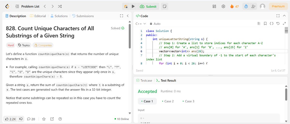 khushik6868's tweet image. #Day45
✅Form the Largest Number— arrange numbers so string comparison builds the max.
✅Maximum 69 Number—flip the first 6, greedy &amp;amp; done.
✅Count Unique Characters of All Substrings—used contribution trick: each char’s impact=left× right,like doing cross product
#buildinpublic