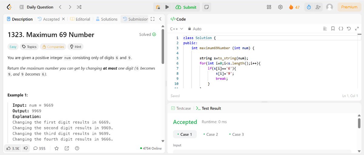 khushik6868's tweet image. #Day45
✅Form the Largest Number— arrange numbers so string comparison builds the max.
✅Maximum 69 Number—flip the first 6, greedy &amp;amp; done.
✅Count Unique Characters of All Substrings—used contribution trick: each char’s impact=left× right,like doing cross product
#buildinpublic