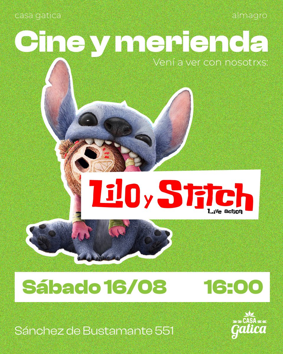 Hoy vamos a proyectar en <a href="/CasaGatica/">Casa Gatica</a> 📽🎬"Lilo y Stitch" (Live Action) para los peques del barrio. Súmate a compartir el cine con merienda✨️
16hs Sánchez de Bustamante 551
¡Te esperamos!✌️