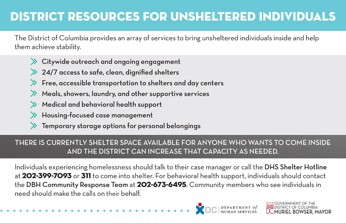 DC, we have resources for every individual experiencing homelessness.

We all have a role to play in making sure that our communities are safe, know what's available, and have important numbers saved.

Shelter Hotline: 202-399-7093 or 311
DBH Community Response Team: 202-673-6495