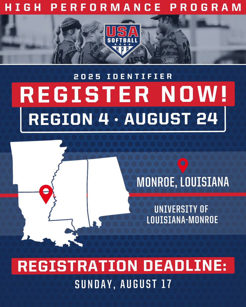 The road to the <a href="/USASoftballJWNT/">USA Softball Junior Women’s National Team</a> runs through Monroe, LA next weekend! 
This is YOUR opportunity to show your skills in front of National Team Evaluators. Register at HPP.USASoftball.com. 
We are excited to partner with <a href="/ULM_Softball/">ULM Softball</a> to host the best athletes in the country.