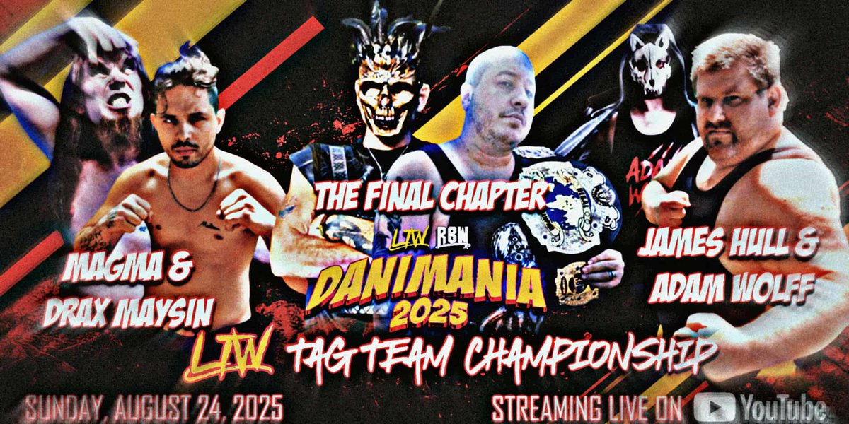 Sunday, August 24th

Our first defense of the <a href="/LiveLtw/">LTWLive</a>  World Tag Team Championship happens LIVE at #Danimania!

We've faced just about every combination the Final Chapter has, what's one more for the list?

As for Drax and Magna... let's see what ya got