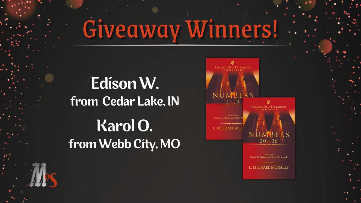 🎉 Congratulations to our Mortification of Spin listeners, Edison and Karol! Each has won a copy of Michael Morales'  2-volume commentary on the book of Numbers. Thanks to our friends at Apollos Publishers for their generous gifts!