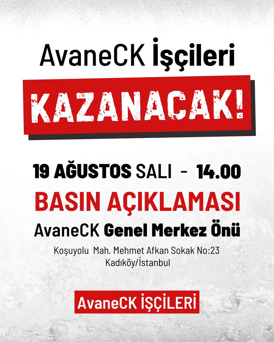270 işçiyiz, maaşsız ve işsiz bırakıldık! 

Basın açıklamamızla hakkımızı arıyoruz❗️ 

Sende gel omuz omuza olalım. 🤛🏼 

📍Yer: Koşuyolu Mahallesi Mehmet Akfan Sokak No:23
📅 Tarih: 19 Ağustos Salı
⏰ Saat: 14:00 

#HakkımızıVerin
#EmeğimizinPeşindeyiz
#270EmekçiHakkınıİstiyor