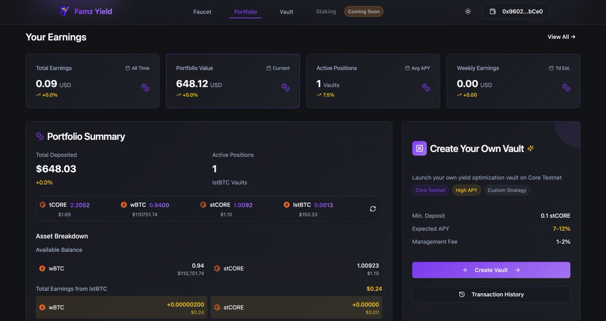 famz_yield's tweet photo. 🤑 Awaken your $BTC with Famz Yield! Deposit wBTC &amp; $stCORE, earn via lstBTC on CORE. 
24hr epochs, 1% instant withdrawals, secure custodian.

🚀 Demo: https://t.co/pkZUBSEnYn 
🔶️ Watch: https://t.co/ESLgbpx6tC #CoreBuildathon #BTCfi #DeFi @Coredao_Org  @corechain_devs https://t.co/vpvChbVTmT