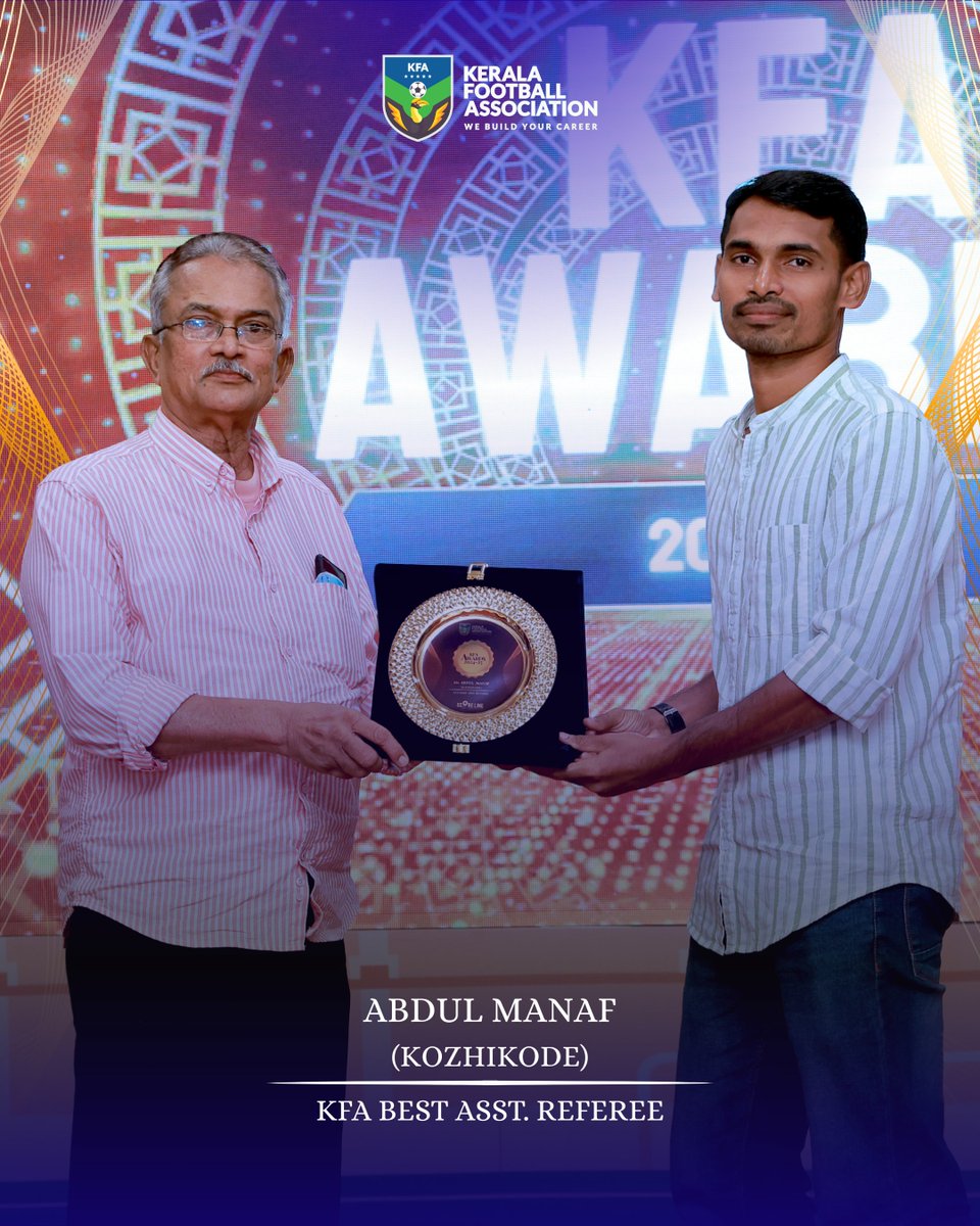 keralafa's tweet photo. Celebrating the Best Assistant Referee of the Year at the KFA Awards 2024–25 🏆 ABDUL MANAF 👏
Your sharp eyes and unwavering commitment ensure the game flows fair and true. ⚽👏
#KFAAwards #KeralaFootball #FairPlay #AssistantReferee #GameChangers https://t.co/qWclumVUaa