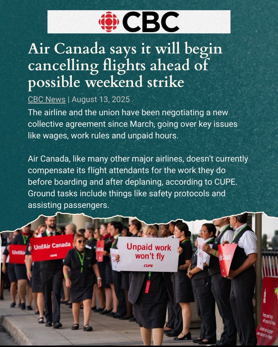 When people learn that flight attendants are not paid for work prior to lift-off (safety checks, boarding, deplaning etc) they are shocked.   
Solidarity w/ @CUPE_SCRP @AirCanadaComponent flight attendants - 70% who identify as women - fighting for fair pay and respect #onpoli