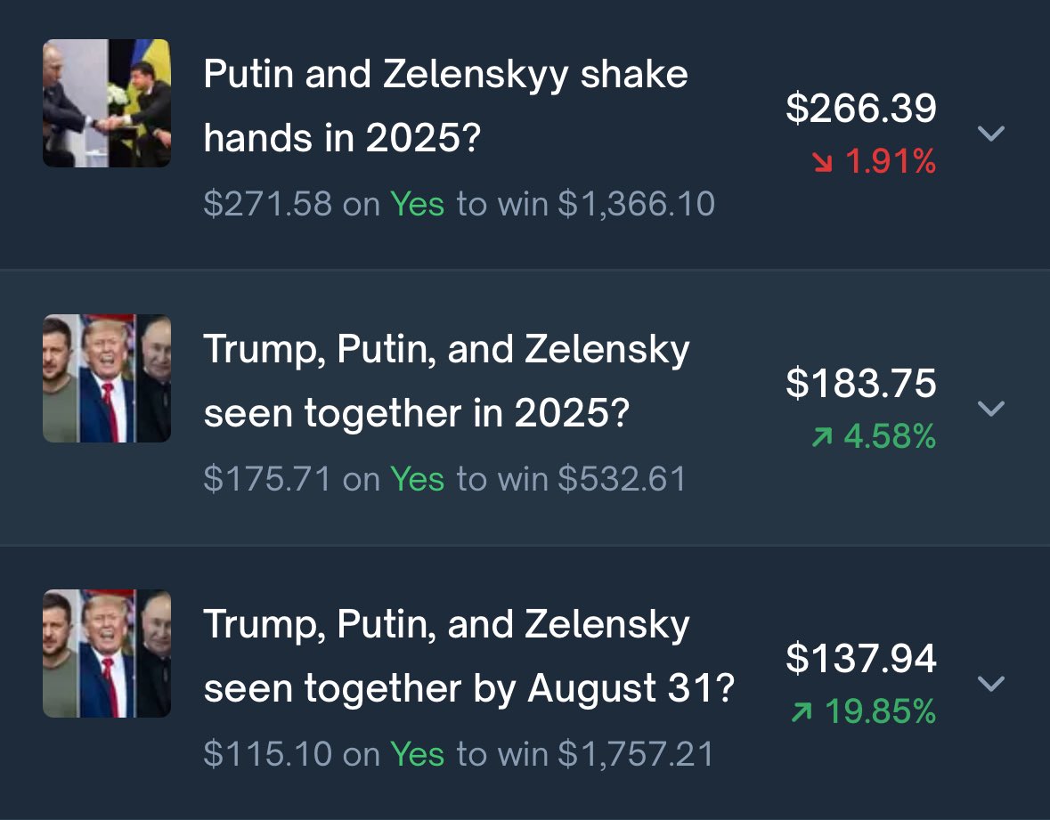 polymarketmaker's tweet photo. Got into some Putin Trump Zelensky trilateral meeting markets. Putin told Trump he was interested yesterday and Zelensky posted today he is as well and will be meeting Trump in DC on Monday. https://t.co/Sr6BpODhOz