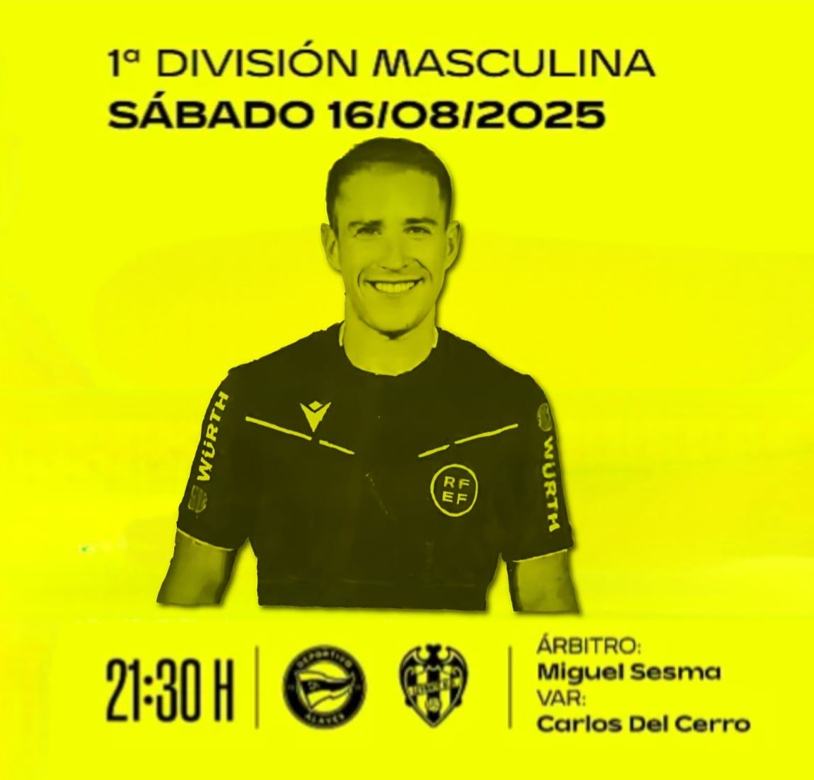 ⚖️⚽  El arbitraje riojano vivirá está noche otro momento especial con el debut de Miguel Sesma en Primera División en el Alavés 🆚 Levante.

🤞🍀Suerte Miguel‼️

x.com/rfef/status/19…