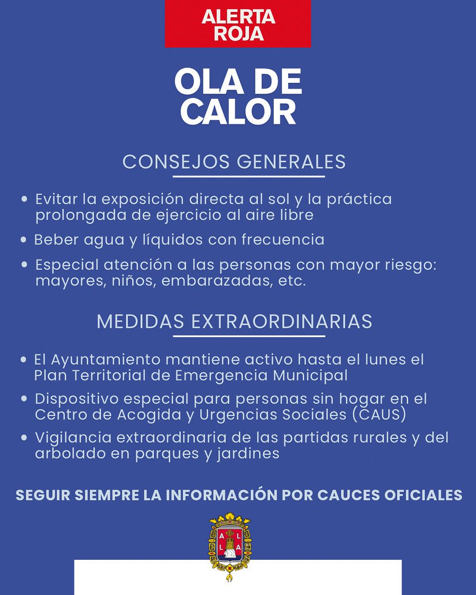 Ayuntamiento Alicante (@alicanteayto) on Twitter photo 🔴 El Ayuntamiento de Alicante mantiene activo hasta el lunes el Plan Territorial de Emergencia Municipal en fase de seguimiento y preemergencia ante la previsión de temperaturas extremas. La Agencia Estatal de Meteorología ha elevado a rojo el nivel de alerta para este domingo 🔴 El Ayuntamiento de Alicante mantiene activo hasta el lunes el Plan Territorial de Emergencia Municipal en fase de seguimiento y preemergencia ante la previsión de temperaturas extremas. La Agencia Estatal de Meteorología ha elevado a rojo el nivel de alerta para este domingo