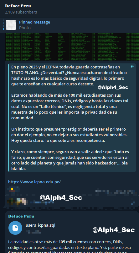 Alph4_Sec's tweet photo. 🚨 Threat Alert | DataLeak | ICPNA 🇵🇪

Un miembro de DefacePeru (SadClow) expuso que ICPNA almacena más de 105 mil contraseñas en texto plano, junto con correos, DNIs y códigos de estudiantes.

📌 Detalles del incidente:
🏫 Entidad afectada: ICPNA (Perú)
📁 Datos filtrados: users_icpna.sql
🔑 Información expuesta: correos, DNIs, contraseñas en texto plano, códigos de alumno
👥 Impacto: +105,000 estudiantes

⚠️ Impacto potencial:
· Riesgo extremo de robo de cuentas y suplantación de identidad
· Posible reutilización de contraseñas en otros servicios
· Exposición de información académica y personal sensible
· Daño reputacional severo para la institución

✅ Recomendaciones:
· Forzar cambio inmediato de contraseñas en el ICPNA
· Implementar cifrado robusto para almacenamiento de claves
· Notificar a estudiantes y docentes sobre el incidente
· Reforzar protocolos de ciberseguridad y auditoría de bases de datos

#ThreatAlert #ICPNA #Peru #DataLeak #Ciberseguridad #DefacePeru #DarkWeb #English #Academy