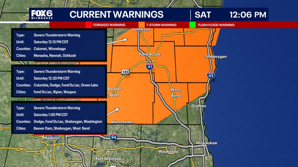 A Severe Thunderstorm Warning has been issued for parts of SE WI until 8/16 1:00PM. Make sure your cell phone emergency alerts are set to "ON." Tune into FOX6, Download the FOX6 Storm Center App &amp; FOX Local App for the latest information.