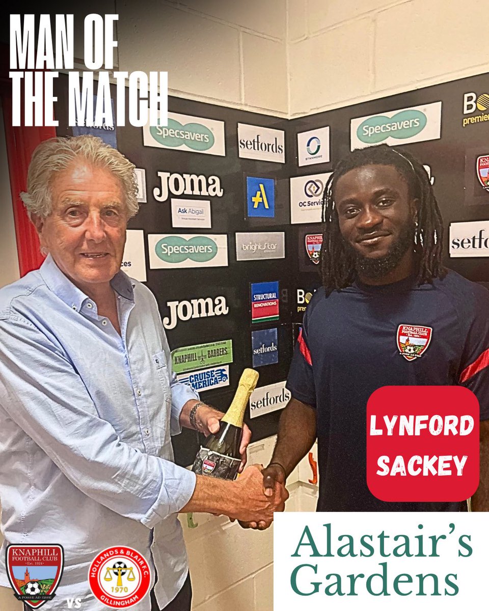 Man of the Match 🏆

Lynford Sackey takes today’s award after our 1–1 draw with Hollands &amp; Blair.

Sponsored by Alistairs Gardens

Presented by Steve Gravett of Gravett Carpentry,  a huge thank you to Steve for his valued sponsorship and support of Knaphill FC.