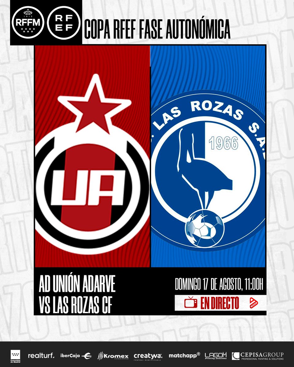 🏆 COPA FEDERACIÓN <a href="/rfef/">RFEF</a>

Mañana vuelve el Fútbol a 📺 RFFM PLAY 👇🏻 

📌 FASE AUTONÓMICA RFFM
📅 GRUPO 🅰️ / JORNADA 2️⃣ 
⏱️ 1️⃣1️⃣:0️⃣0️⃣h
⚫ <a href="/UnionAdarve/">AD Unión Adarve</a> 🆚 <a href="/LasRozas_CF/">Las Rozas CF</a>

¡No te lo pierdas! 

🔗 youtube.com/live/I50cZF_y_…