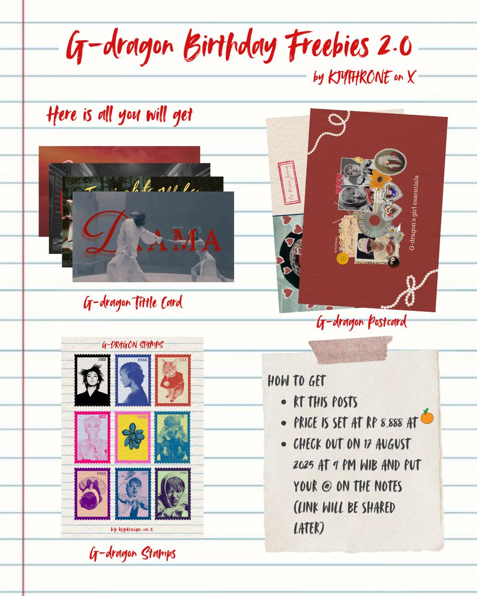 G-Dragon birthday online freebies 2.0 by me 😸

how-to-get-these details are in the picture below + if u don't mind giving my edit acc <a href="/kjydesign/">.</a> some love

ps. I'll be handling Indonesian moots only and for this one will be sent on Friday 22 Aug if that's okay🫶