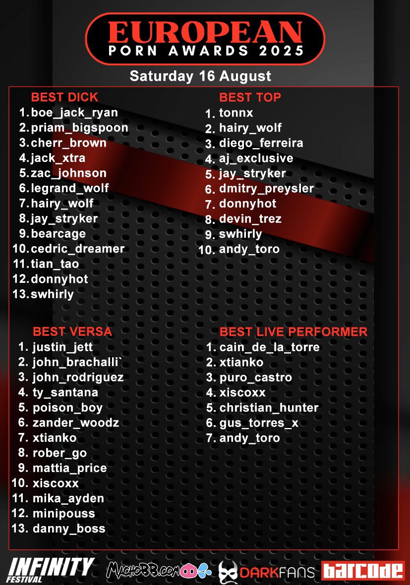 EUROPEAN PORN AWARDS 2025 (@porn_awards) on Twitter photo INFINITY X AWARDS • Porn Awards •
🏆 2 last weeks to vote online 🏆
machobb.com/pornawards
THE RANKING : <a href="/BoeNYCxxx/">Boe Jack Ryan</a> <a href="/BigspoonXXL/">Priam Bigspoon 🍆🐽🦶🏻</a> <a href="/CherrBrown/">IG: @Cherrbrownn.</a> <a href="/Jackxtraxxxx/">Jack Xtra</a> <a href="/ZacJohnsonXXL/">ZAC JOHNSON</a> <a href="/WolfLegrand/">Legrand Wolf</a> <a href="/RealCarnalPlus/">Carnal Plus</a> <a href="/Hairy_wolfXL/">Hairy_wolf</a> <a href="/JayStrykerXXX/">Jay Stryker</a> <a href="/BearCage420/">BeARcagE⚣</a> <a href="/CedricDreamer22/">꧁𝑪𝒆𝒅𝒓𝒊𝒄 𝑫𝒓𝒆𝒂𝒎𝒆𝒓 ₂₂ ꧂</a> <a href="/TianTaoXXX/">Tian Tao | Torremo./BCN 5-11 Jun | Paris 22-26 Jun</a> INFINITY X AWARDS • Porn Awards •
🏆 2 last weeks to vote online 🏆
machobb.com/pornawards
THE RANKING : <a href="/BoeNYCxxx/">Boe Jack Ryan</a> <a href="/BigspoonXXL/">Priam Bigspoon 🍆🐽🦶🏻</a> <a href="/CherrBrown/">IG: @Cherrbrownn.</a> <a href="/Jackxtraxxxx/">Jack Xtra</a> <a href="/ZacJohnsonXXL/">ZAC JOHNSON</a> <a href="/WolfLegrand/">Legrand Wolf</a> <a href="/RealCarnalPlus/">Carnal Plus</a> <a href="/Hairy_wolfXL/">Hairy_wolf</a> <a href="/JayStrykerXXX/">Jay Stryker</a> <a href="/BearCage420/">BeARcagE⚣</a> <a href="/CedricDreamer22/">꧁𝑪𝒆𝒅𝒓𝒊𝒄 𝑫𝒓𝒆𝒂𝒎𝒆𝒓 ₂₂ ꧂</a> <a href="/TianTaoXXX/">Tian Tao | Torremo./BCN 5-11 Jun | Paris 22-26 Jun</a>