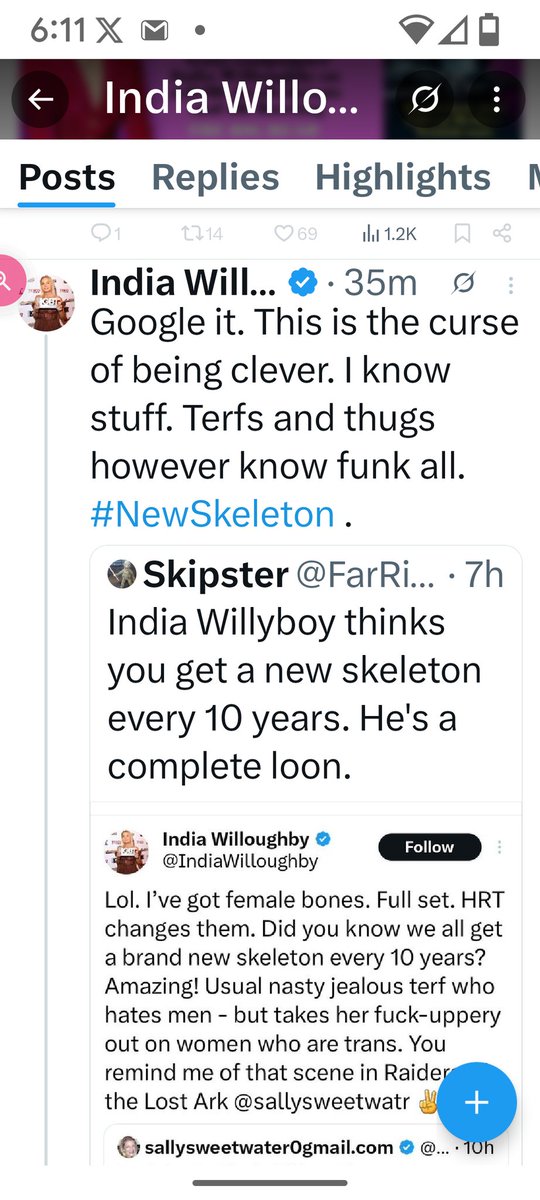 LWacket's tweet image. It's not the gotcha Willoughby thinks it is. The body's bones rejuvenate from the original. It doesn't build a new female frame. #iknowstuff