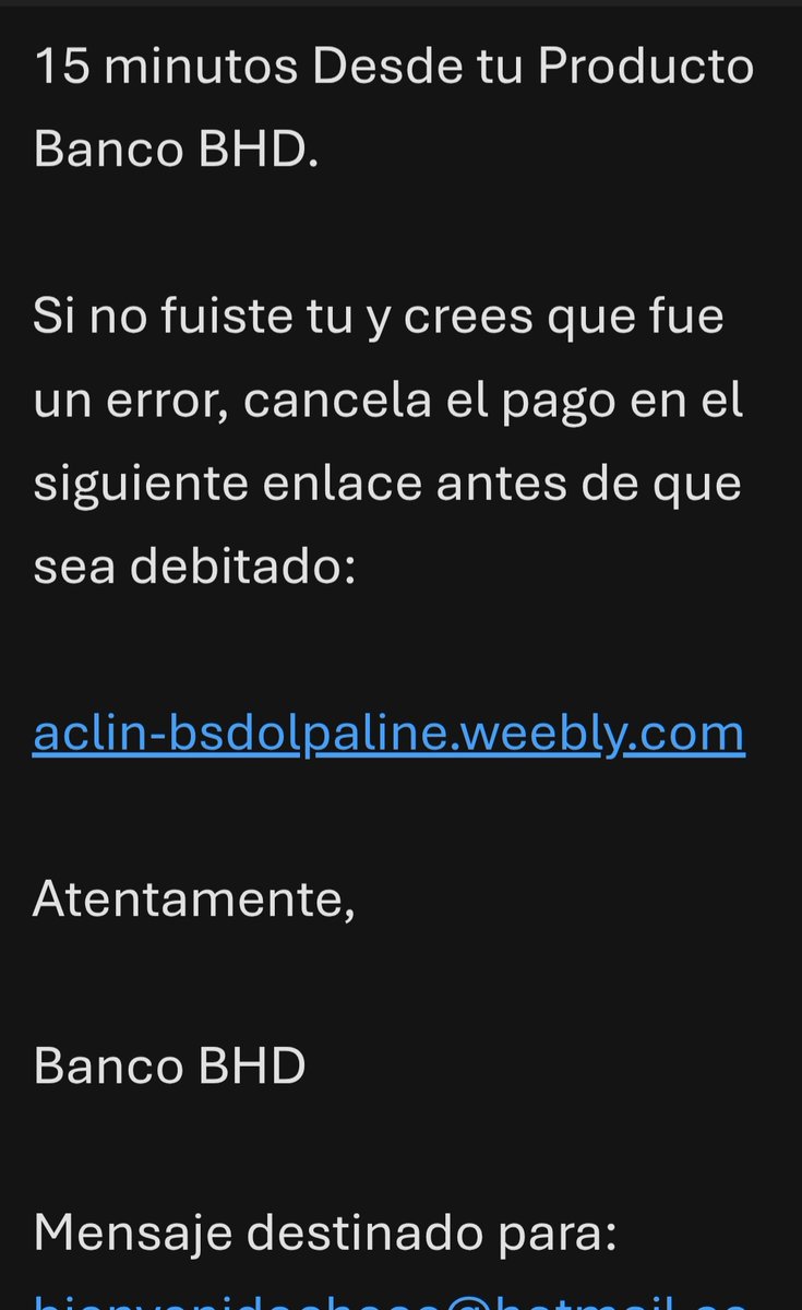 Atención <a href="/BancoBHD/">Banco BHD</a>, hasta donde tenemos entendido, no tenemos ningún producto con ustedes, ni suscripción en <a href="/HBO/">HBO</a>, obviamente es un intento de estafa, para el cual están usando el logo de esa institución, vía mail.
