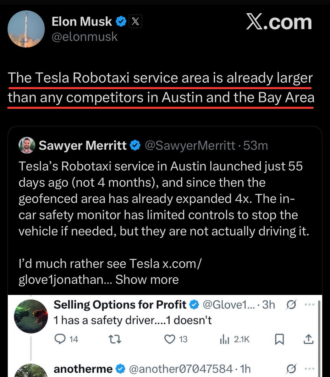 TheSonOfWalkley's tweet photo. BREAKING: ELON MUSK SAYS — $TSLA ROBOTAXI AREA IS “LARGER THAN ANY COMPETITOR” 👀

Expanding fast ! https://t.co/woZVFfMMK1