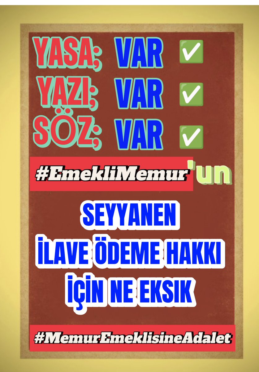 nogaydeniz (@yilmazsent) on Twitter photo <a href="/BMagduriyet/">glrgl</a> Memura yapılan bu zulüm 18.600 tl seyyanen zam üzerine yapılıyor.
Bu parayı alamayan #EmekliMemur neyin cezasını çekiyor?
#MemurEmeklisineAdalet
#MemurHakkınıİstiyor
<a href="/Akparti/">AK Parti</a> <a href="/isikhanvedat/">Prof. Dr. Vedat Işıkhan</a> <a href="/_aliyalcin_/">Ali YALÇIN</a> <a href="/OnderKahveci/">Önder Kahveci</a> <a href="/Kamu_Sen/">Türkiye Kamu-Sen</a> <a href="/kamuiskonf/">Birleşik Kamu-İş Konfederasyonu</a> <a href="/herkesicinCHP/">CHP 🇹🇷</a> <a href="/iyiparti/">İYİ Parti</a> <a href="/isakarakas/">İsa Karakaş/Başuzman&Başmüfettiş</a> <a href="/BMagduriyet/">glrgl</a> Memura yapılan bu zulüm 18.600 tl seyyanen zam üzerine yapılıyor.
Bu parayı alamayan #EmekliMemur neyin cezasını çekiyor?
#MemurEmeklisineAdalet
#MemurHakkınıİstiyor
<a href="/Akparti/">AK Parti</a> <a href="/isikhanvedat/">Prof. Dr. Vedat Işıkhan</a> <a href="/_aliyalcin_/">Ali YALÇIN</a> <a href="/OnderKahveci/">Önder Kahveci</a> <a href="/Kamu_Sen/">Türkiye Kamu-Sen</a> <a href="/kamuiskonf/">Birleşik Kamu-İş Konfederasyonu</a> <a href="/herkesicinCHP/">CHP 🇹🇷</a> <a href="/iyiparti/">İYİ Parti</a> <a href="/isakarakas/">İsa Karakaş/Başuzman&Başmüfettiş</a>