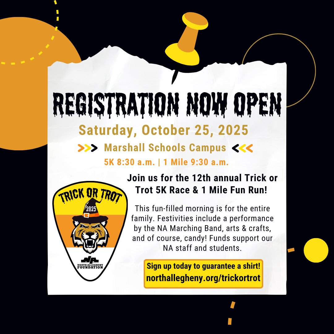 FoundationNA's tweet photo. Registration is now open for the 12th Annual Trick or Trot sponsored by the North Allegheny Foundation. Act fast to guarantee a race shirt and kids race bag! We can't wait to see you at this year's Trick or Trot. To sign up, visit https://t.co/lTDRcMMGrn https://t.co/ZNHpsG9ed8