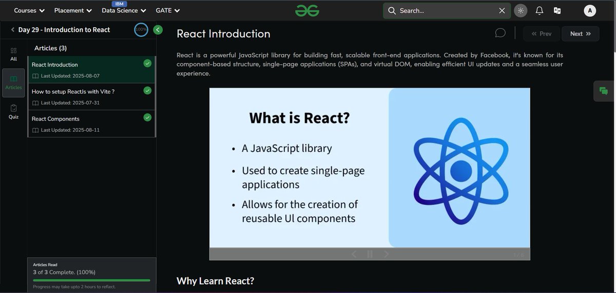 arup_jy's tweet photo. Day 29 with @geeksforgeeks 
Dived into React today
✅ A JavaScript library for building UIs
✅ Powers single-page applications
✅ Enables reusable components
https://t.co/RPHeJpR5mq
#nationskillup #gfgnationskillup #skillupwithgfg #gfg #geeksforgeeks #freeresources  #codinglife https://t.co/gArli0WooF