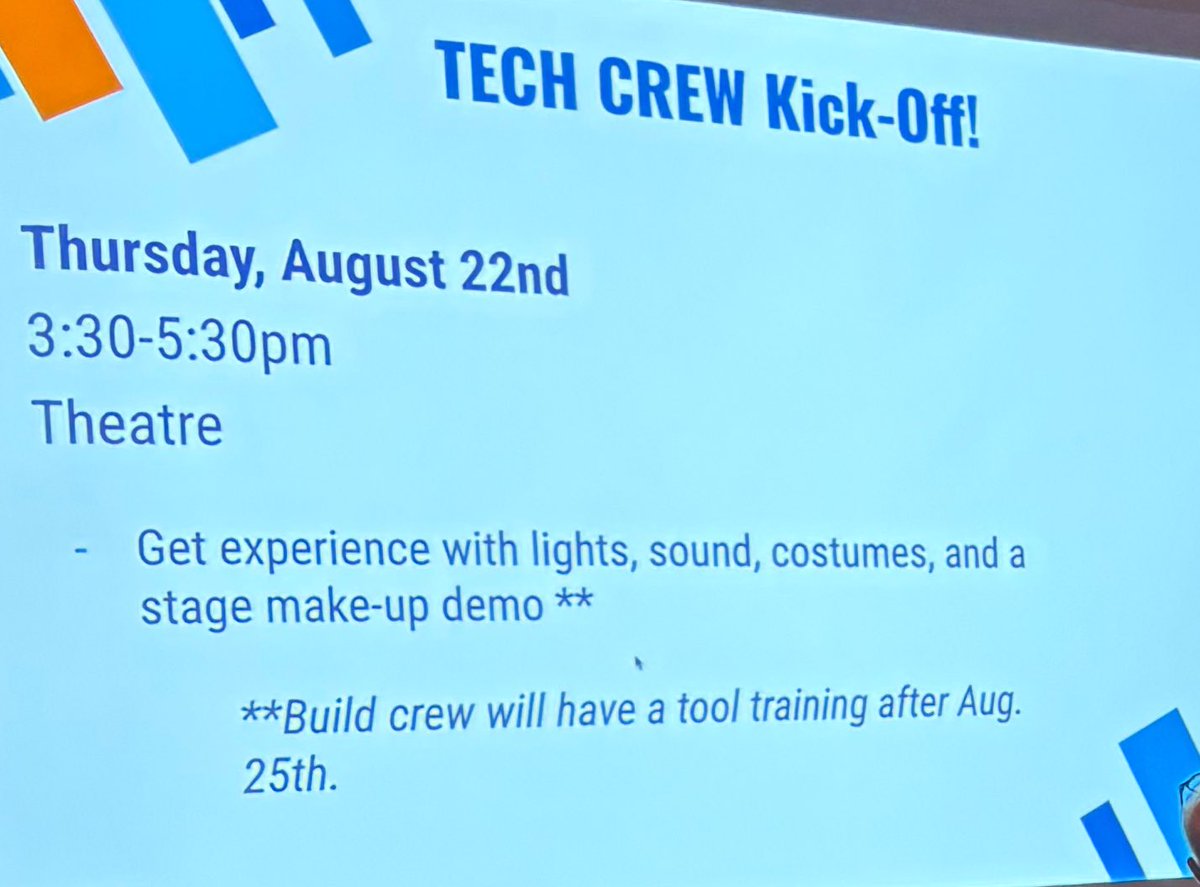 mary luckritz (@mluckritz) on Twitter photo Theatre Season announced at Fine Art's Kickoff!
Calling all <a href="/RMHSMUSTANGS/">Rolling Meadows HS</a> who want to be involved in theatre: tech crew, actors, writers, & costumers! Join Schoology code & come out this week to be part of 24-hour Play Festival!
<a href="/RMFineArts/">RMHS Fine Arts</a> <a href="/d214finearts/">d214finearts</a> <a href="/RMMusicBoosters/">RMHS Music Boosters</a> Theatre Season announced at Fine Art's Kickoff!
Calling all <a href="/RMHSMUSTANGS/">Rolling Meadows HS</a> who want to be involved in theatre: tech crew, actors, writers, & costumers! Join Schoology code & come out this week to be part of 24-hour Play Festival!
<a href="/RMFineArts/">RMHS Fine Arts</a> <a href="/d214finearts/">d214finearts</a> <a href="/RMMusicBoosters/">RMHS Music Boosters</a>